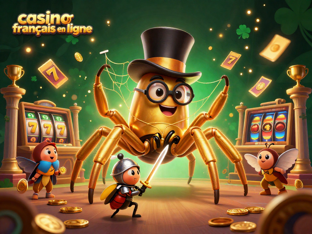 La tarantule géante dorée tisse un fil d'or au casino français en ligne, animé par un courageux petit scarabée chevalier.