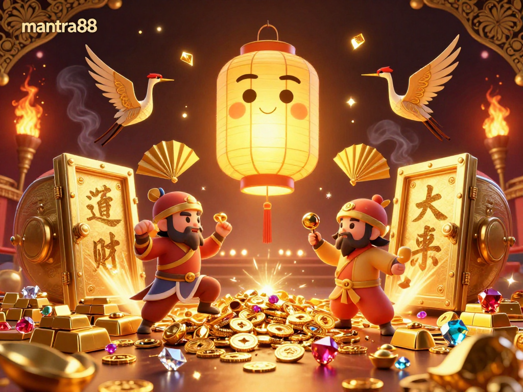 Engage with mantra88's vibrant gaming experience, featuring a golden lantern spirit in a dynamic casino scene.