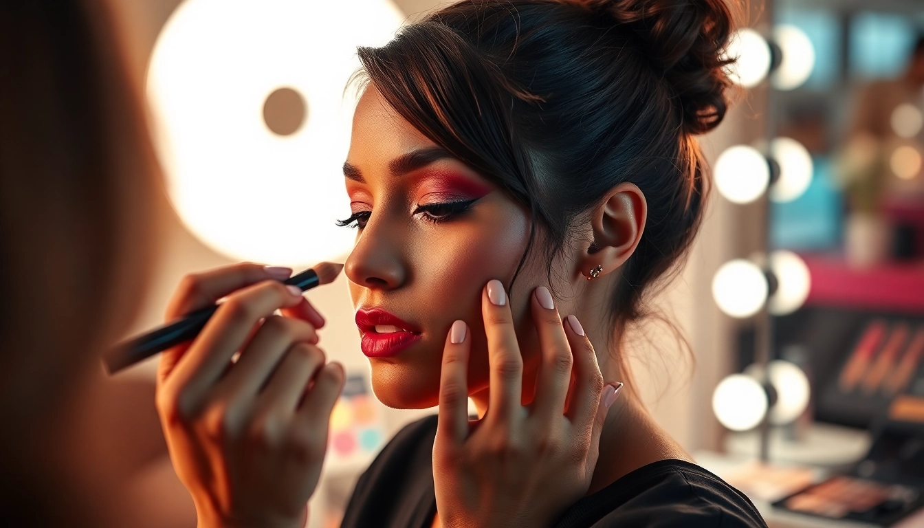 Applying HD makeup application Dallas by a professional artist in a stylish salon environment.