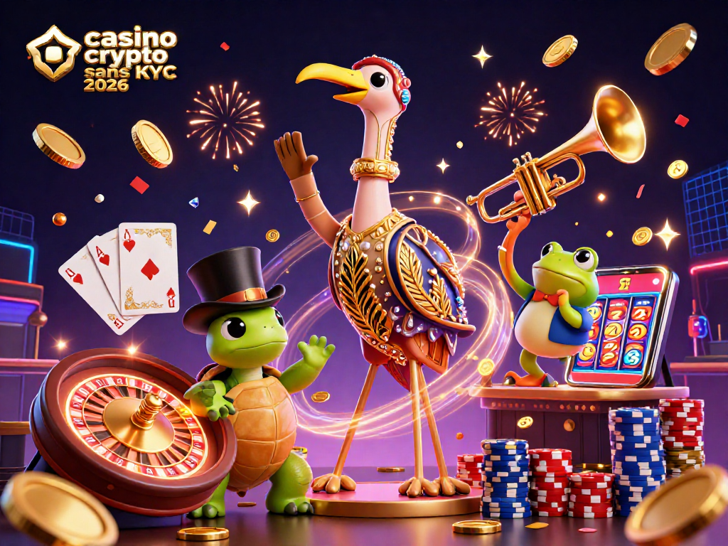 Illustration de casino crypto sans KYC 2026 avec des personnages animés jouant et s'amusant au casino.