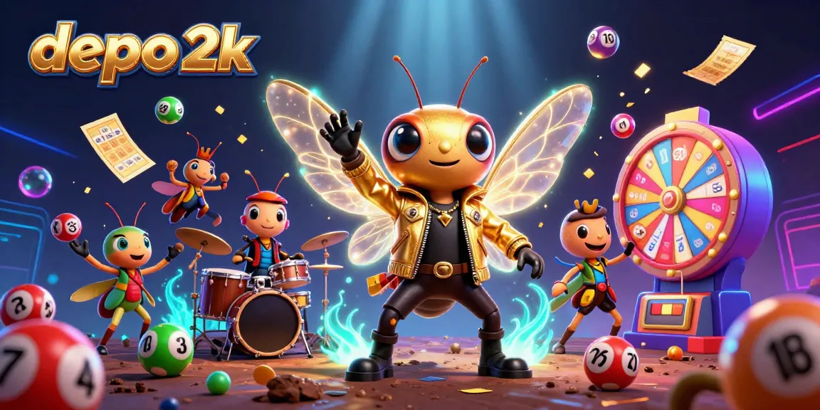 Jaman modern depo 2k, cicada rock star dengan alat musik dikelilingi bola lotere berwarna-warni.