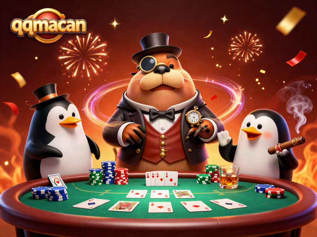 Experience thrilling poker with qqmacan in this vibrant underwater casino scene featuring playful characters.