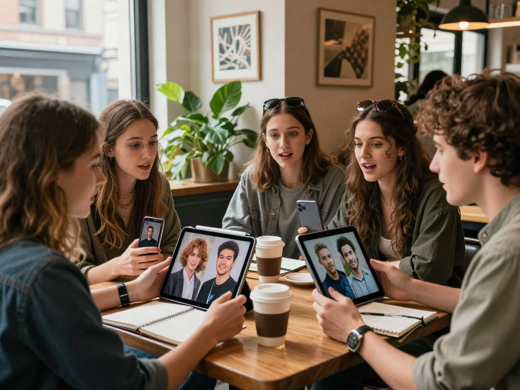 Group of friends discussing look alikes of famous people at a trendy café with lively ambiance.