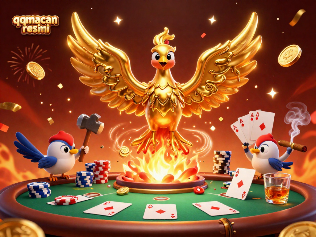 Experience the thrill of qqmacan resmi with a dynamic 3D casino scene packed with poker excitement.