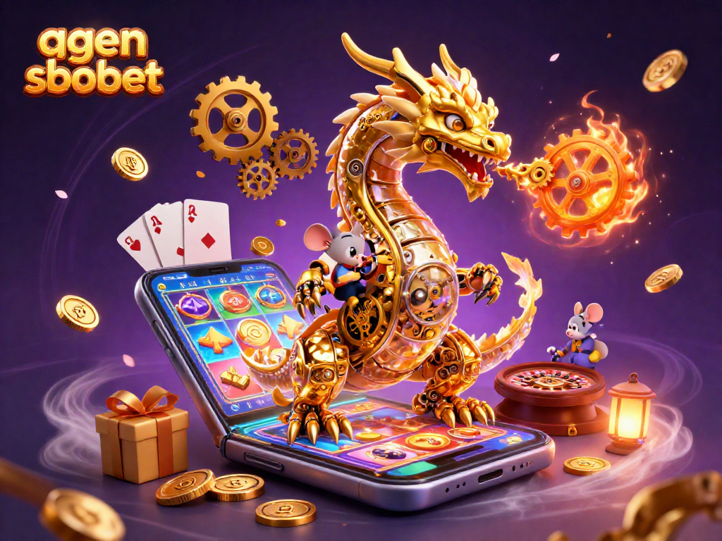 Experience thrilling agen sbobet adventures with a dynamic golden dragon and casino games illustration.