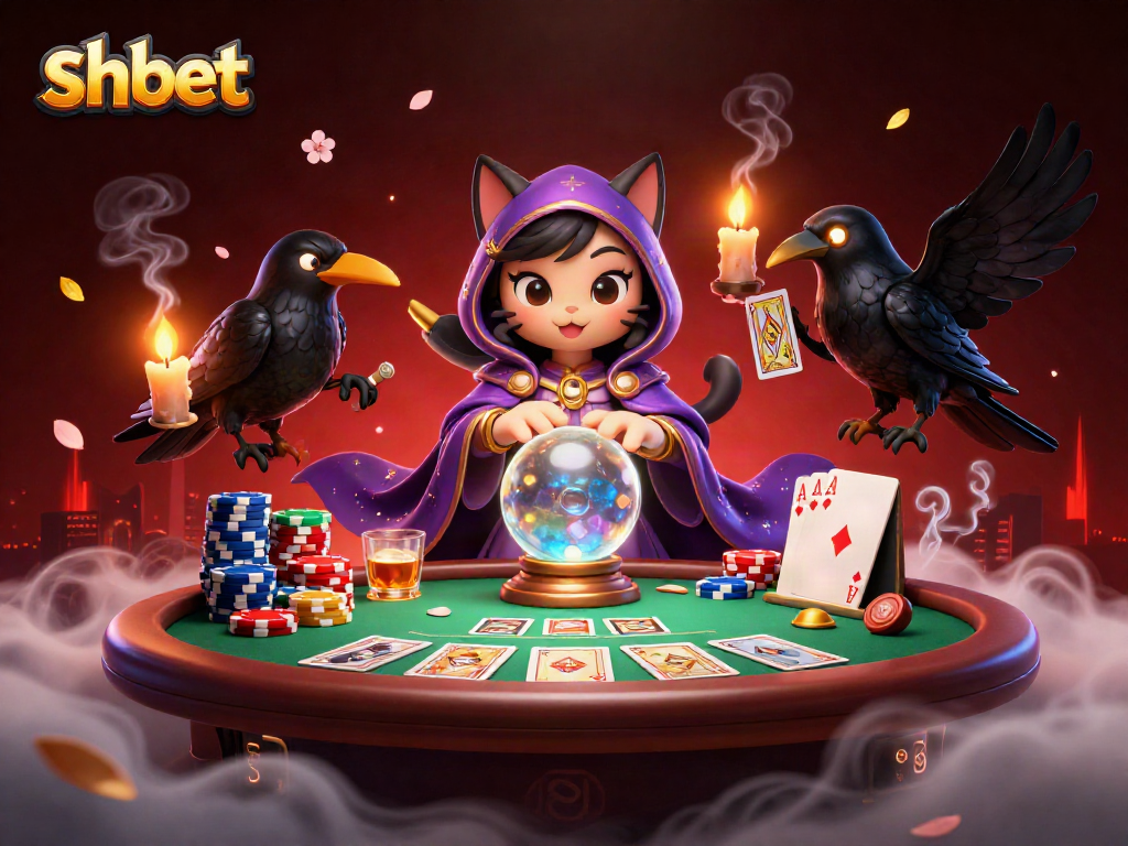 shbet illuminates a lively casino scene with a mystical cat and a raven dealing cards.