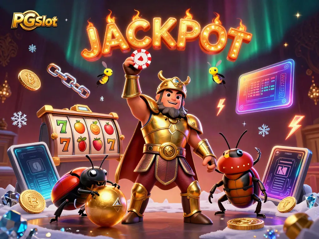 Menangkan PG Slot dengan ilustrasi menarik karakter bug berperang dan simbol jackpot.