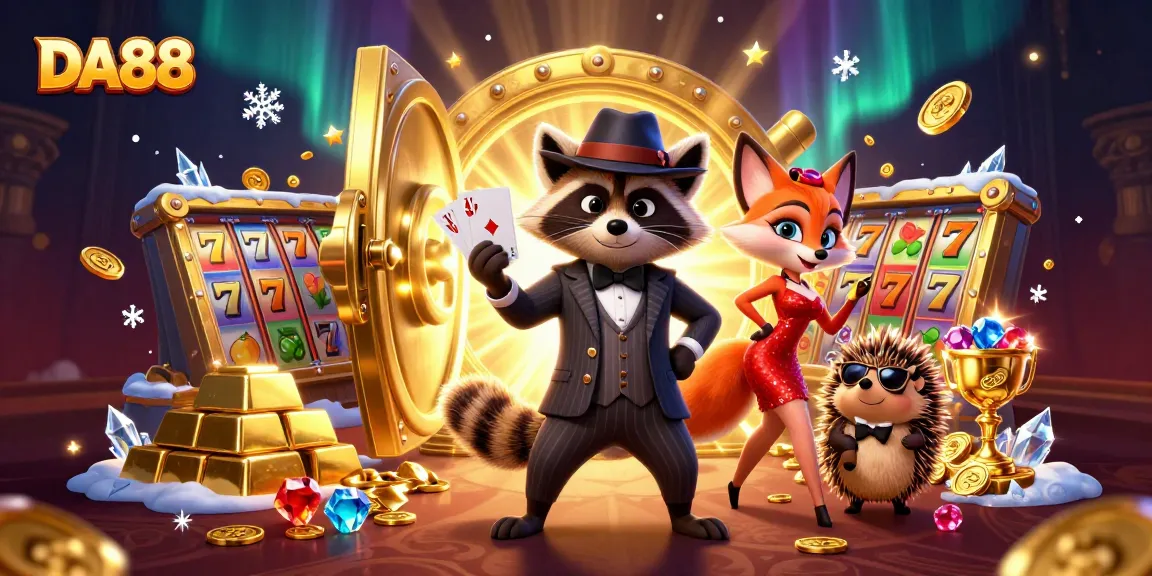 Experience the thrill at DA88 with a vibrant casino scene featuring animated characters and treasures.