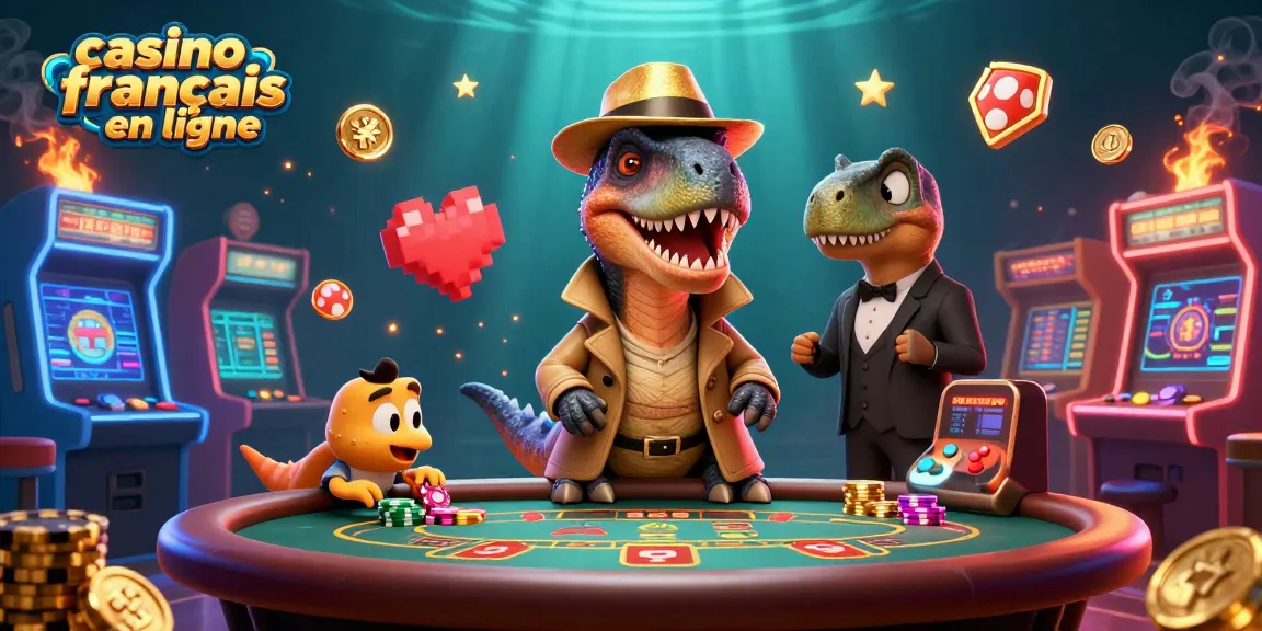 Une scène dynamique d'un casino français en ligne avec un vélociraptor en train de compter des cartes et d'autres personnages intrigants.
