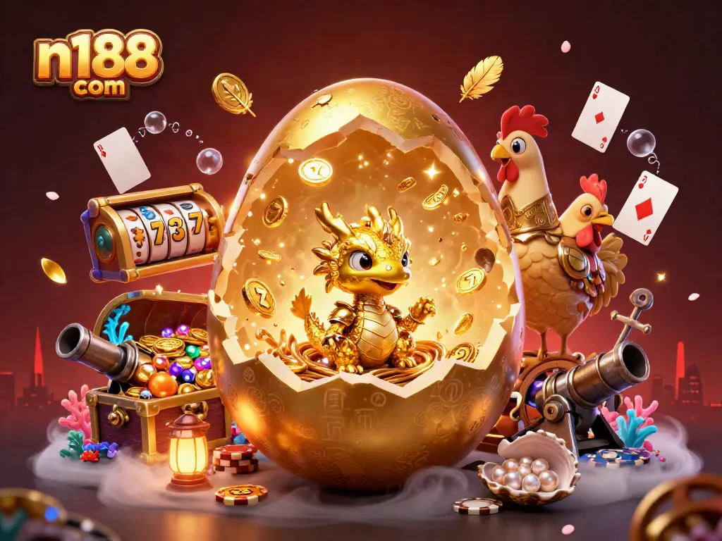 Immerse yourself in n188 com with this vibrant 3D illustration of slot games and winning treasures.