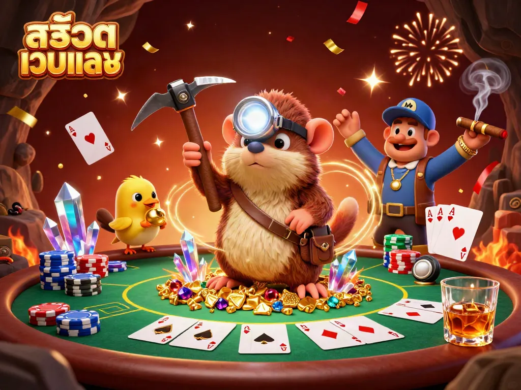 Engage in สล็อตเว็บตรง action with treasure hunter mole amid a vibrant casino scene.