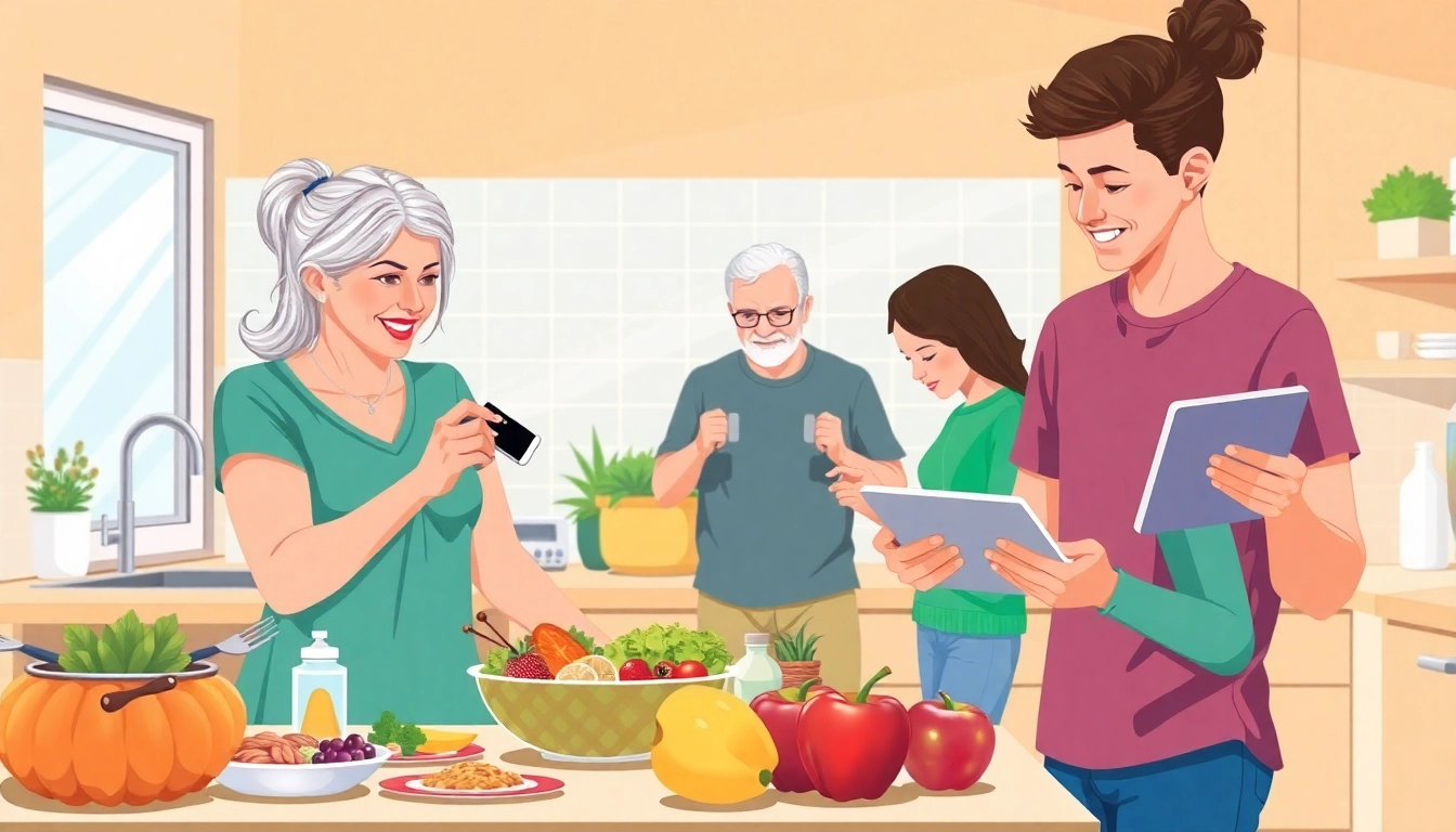 People practicing Diabetes Management with healthy cooking and blood sugar monitoring.