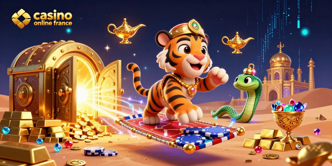 Un tigre sultan sur un tapis de poker brille dans le casino en ligne France avec un trésor doré scintillant.
