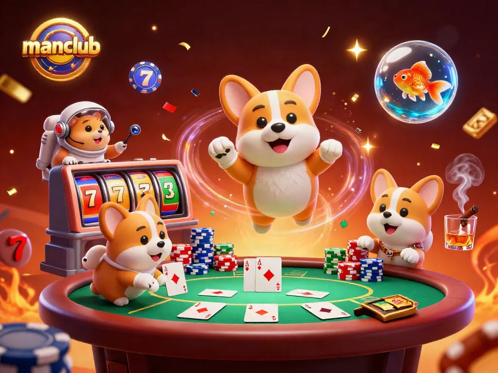 Experience the excitement of casino gaming with manclub's vibrant scene filled with slot reels and festive elements.
