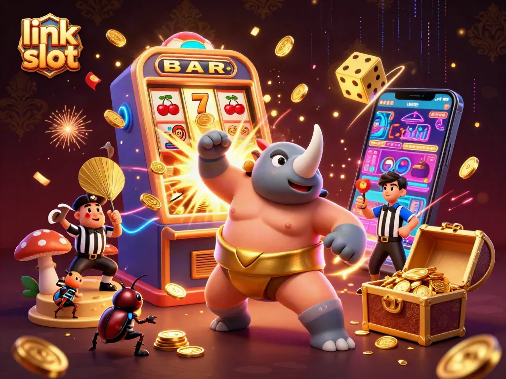 Link slot mengundang keberuntungan dengan karakter seru dan slot mesin yang meledak dengan koin.