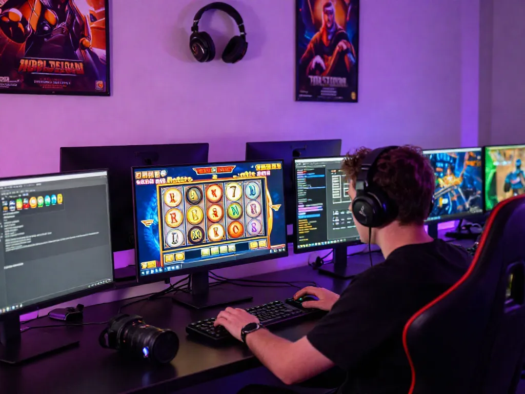 Engaged gamer playing a slot game with colorful graphics on multiple monitors in a modern gaming setup.