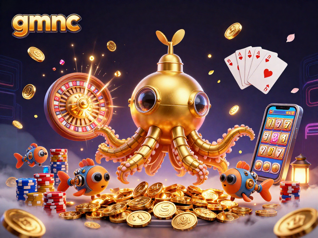 Experience thrilling gameplay with gmnc using a vibrant scene of a golden kraken and casino elements.