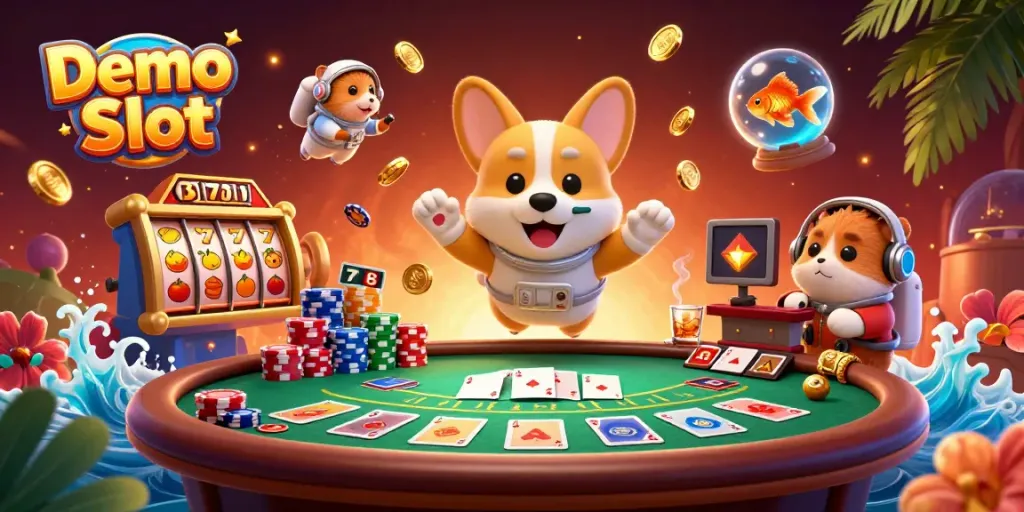 Spin the reels of the Demo Slot with our engaging 3D characters amidst casino excitement.