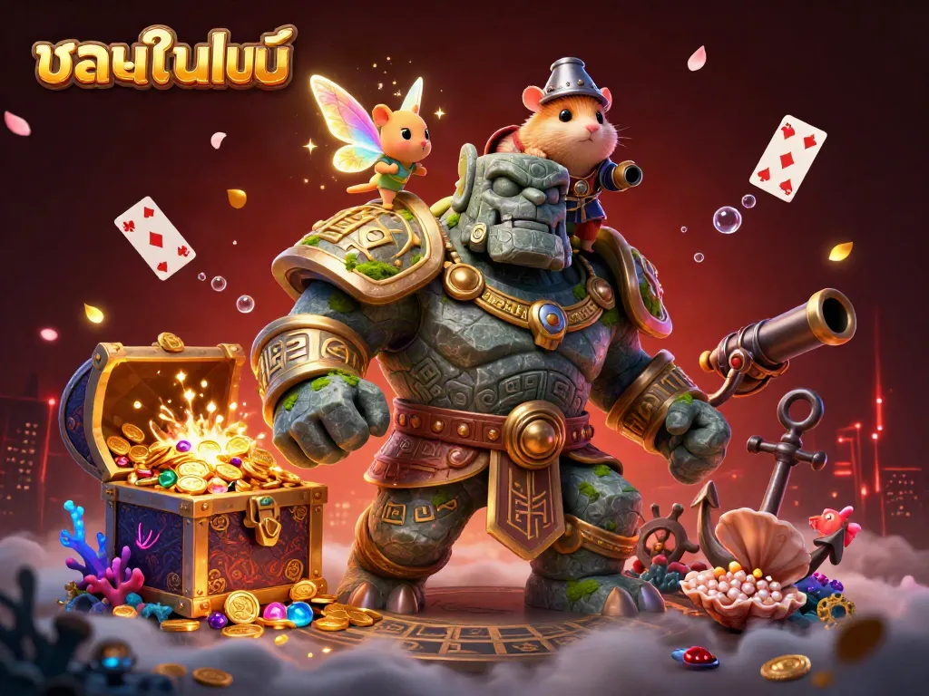 Engaging illustration capturing the essence of บอลออนไลน์, depicting a magical scene with a golem, fairy, and hamster knight amidst treasure and playing cards.