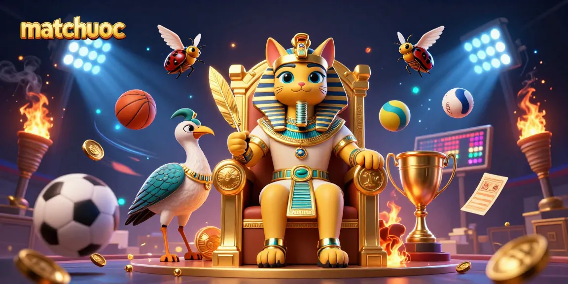 Bet on exciting wins with matchuoc in a vibrant casino scene featuring a pharaoh cat.