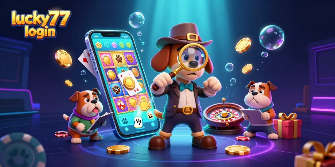 Join the action at lucky77 login with colorful slot games and detective characters uncovering treasures in a vibrant casino scene.