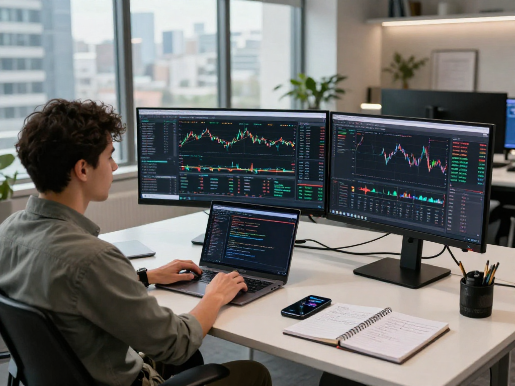 Trader using TradingView with multiple monitors in a modern office workspace.