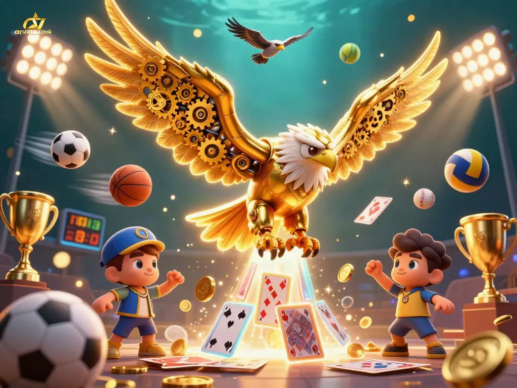 Engage with apinagalink's thrilling casino dynamics featuring a cybernetic eagle amidst sports betting elements.