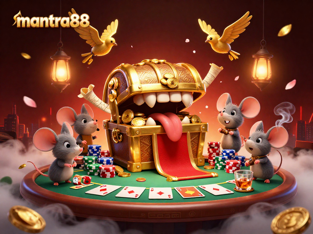 Engage with mantra88's delightful 3D cartoon interaction featuring adventure mice lured by a golden treasure chest.