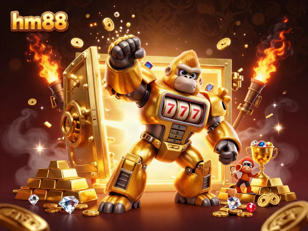 Experience thrilling gameplay with the dynamic hm88 golden mech surrounded by treasures and casino elements.