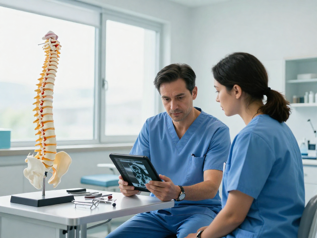 An experienced orthopedic surgeon discussing bel kayması ameliyatı options with a patient, demonstrating care and expertise.