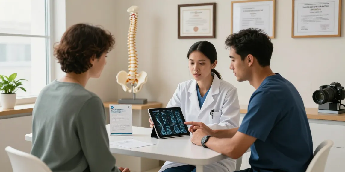 Spine specialist reviewing MRI scans with a patient in a modern clinic.