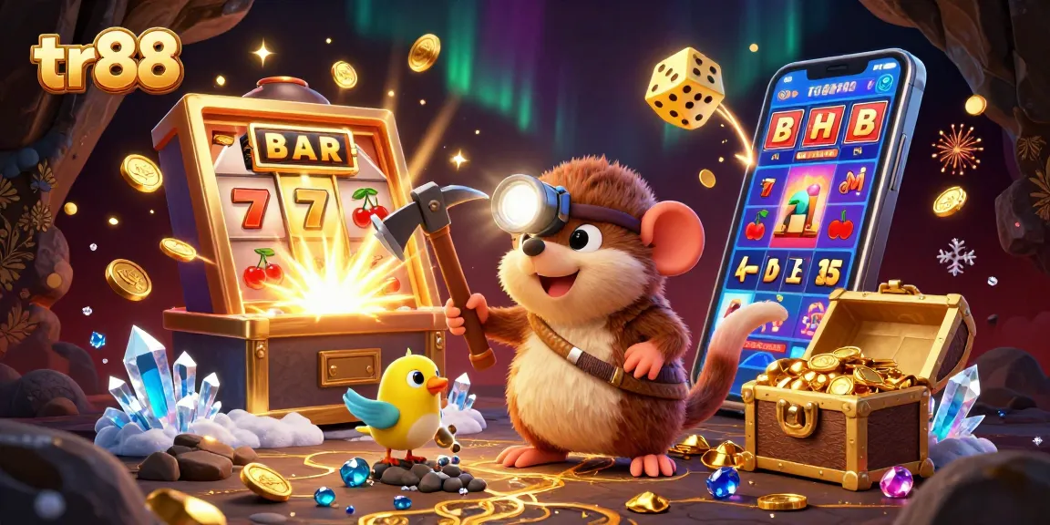 Spin and win with tr88: A vibrant 3D illustration featuring a treasure hunter mole, slot games, and sparkling gems.
