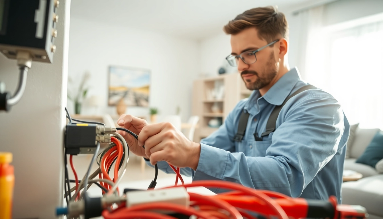 Electrician Atlanta expertly wiring modern electrical systems in a bright home environment.