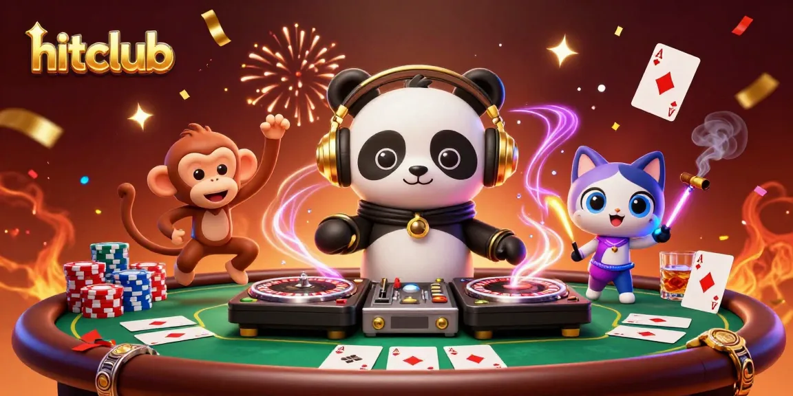 Experience gaming excitement with hitclub's vibrant 3D scene showcasing a DJ panda, breakdancing monkey, and rave kitten.