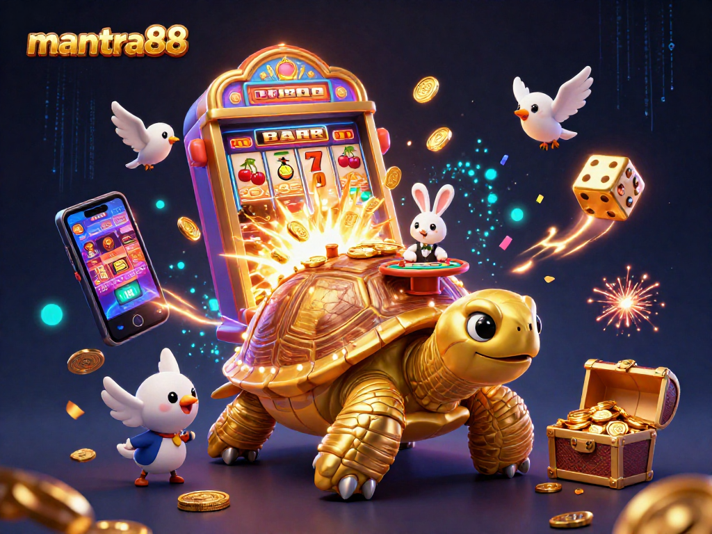 Experience the thrill of mantra88 with a golden tortoise casino palace and a rabbit dealer amidst a jackpot explosion.