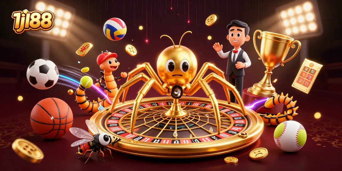 Place bets with 1j188 on a vibrant 3D casino scene featuring a golden web roulette.