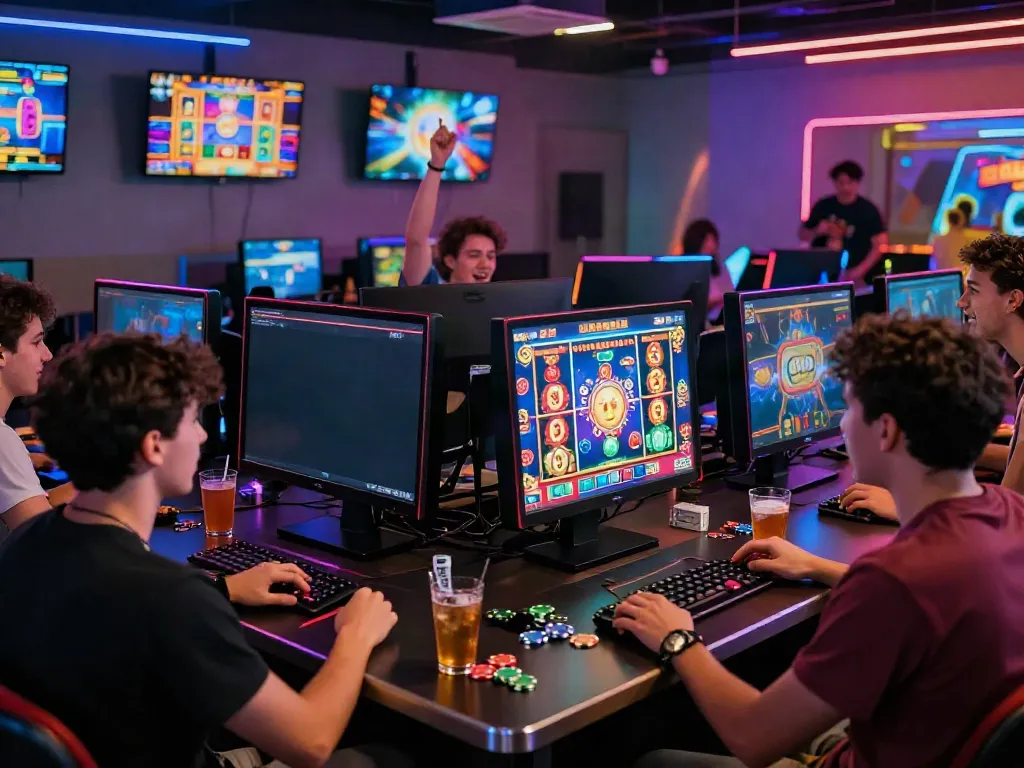 Suasana gaming online yang meriah dengan pemain slot777 merayakan kemenangan jackpot.