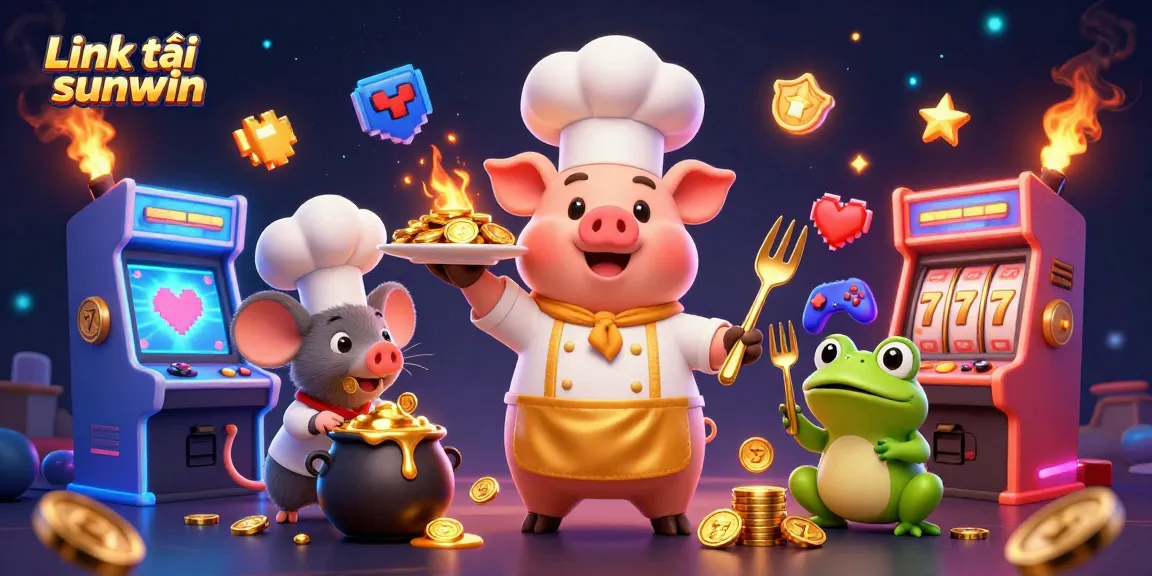 Engage with Link tải sunwin as the chef pig serves gold coins in this vibrant casino scene.
