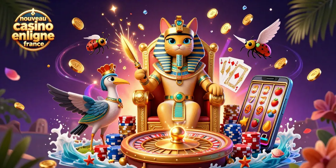 Illustration présentant le nouveau casino en ligne France, avec un pharaon égyptien et des éléments de jeu captivants.