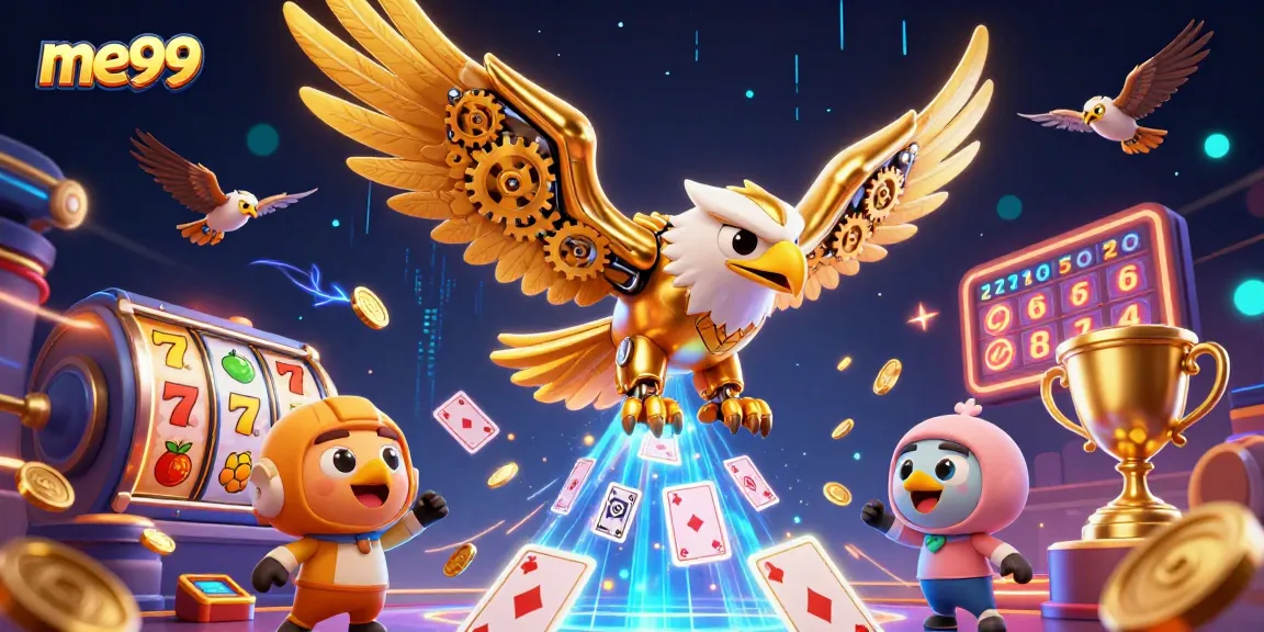 Experience the thrill at me99 with a 3D golden eagle surrounded by vibrant slot reels and casino elements.