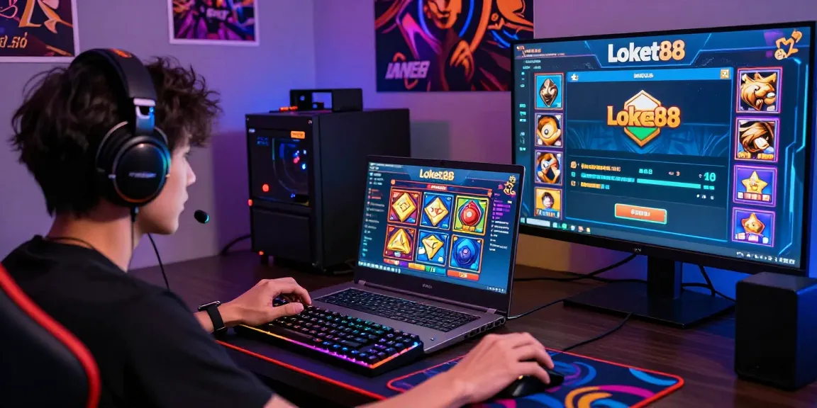 Player enjoying slot gacor games at loket88 in vibrant gaming setup with colorful lighting and accessories.