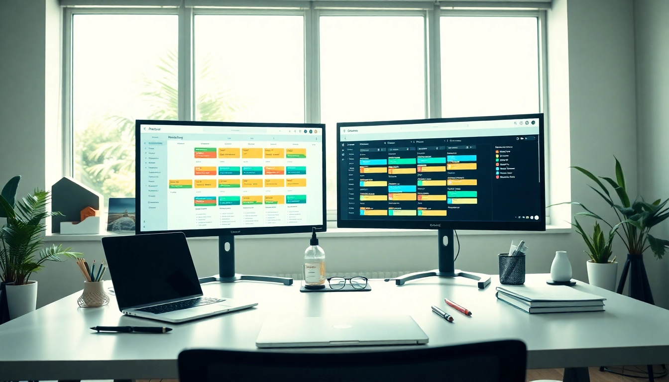 Utilize the virtual assistant scheduling tool in a modern office setup showcasing dual monitors.