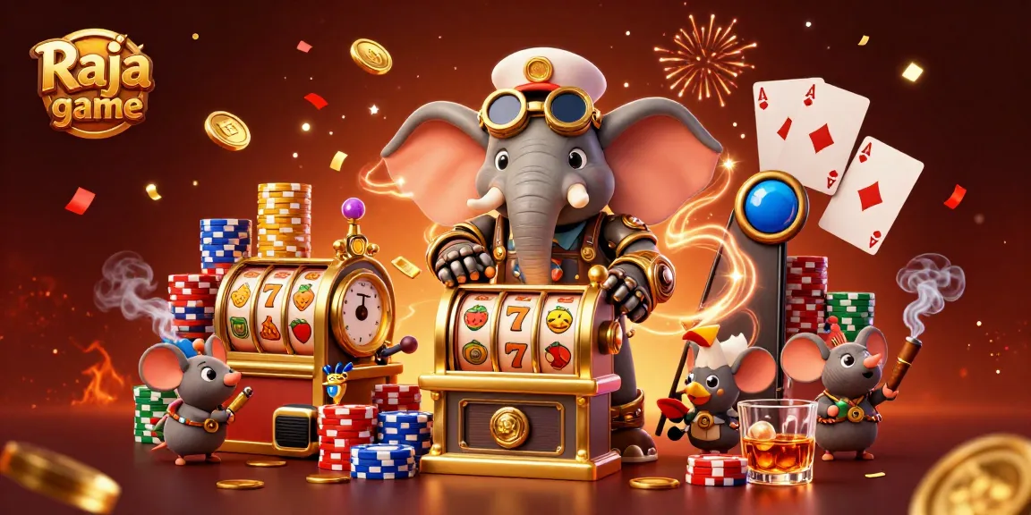 Engage in thrilling Raja game action with a steampunk elephant and vibrant slot machines.