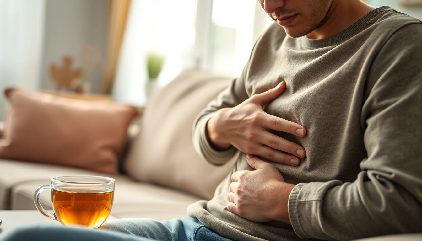 Person experiencing what does anxiety stomach pain feel like, sitting with hands on stomach.