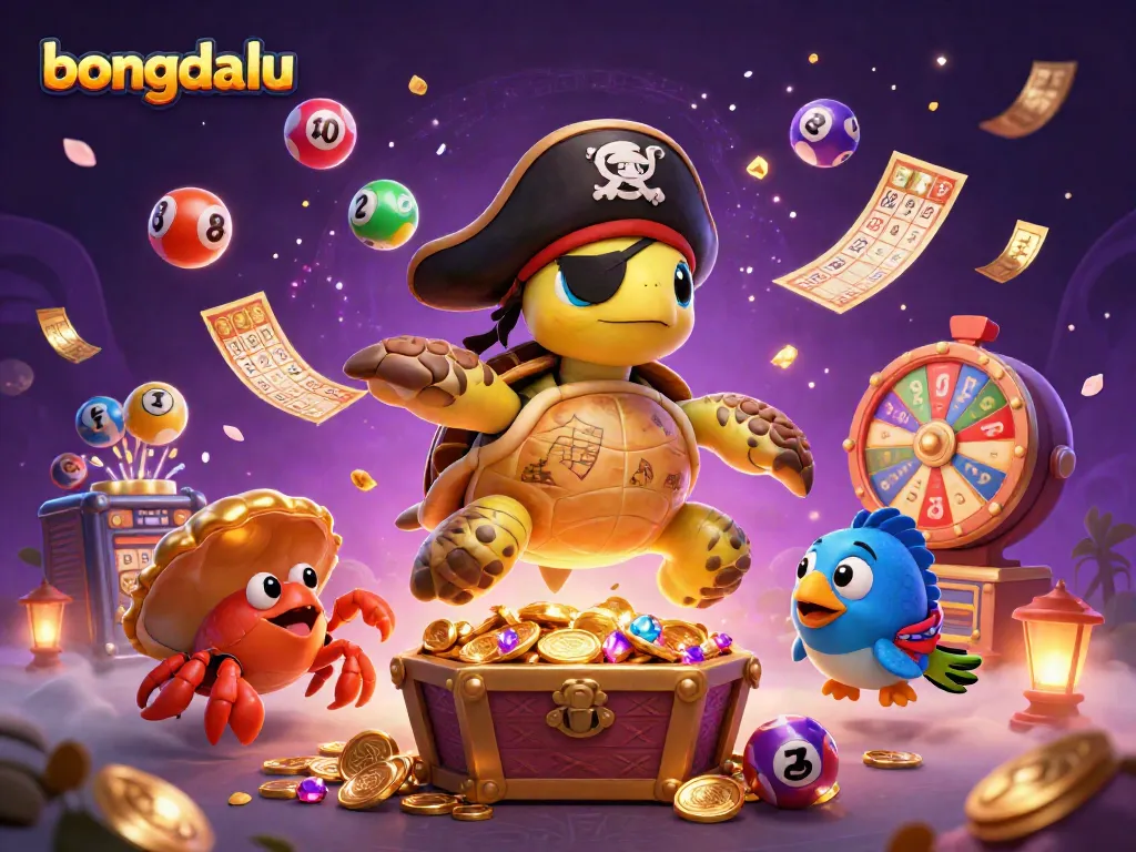 Engage with bongdalu's vibrant gaming universe featuring a cartoon pirate turtle, hermit crab, and parrotfish surrounded by colorful gaming elements.