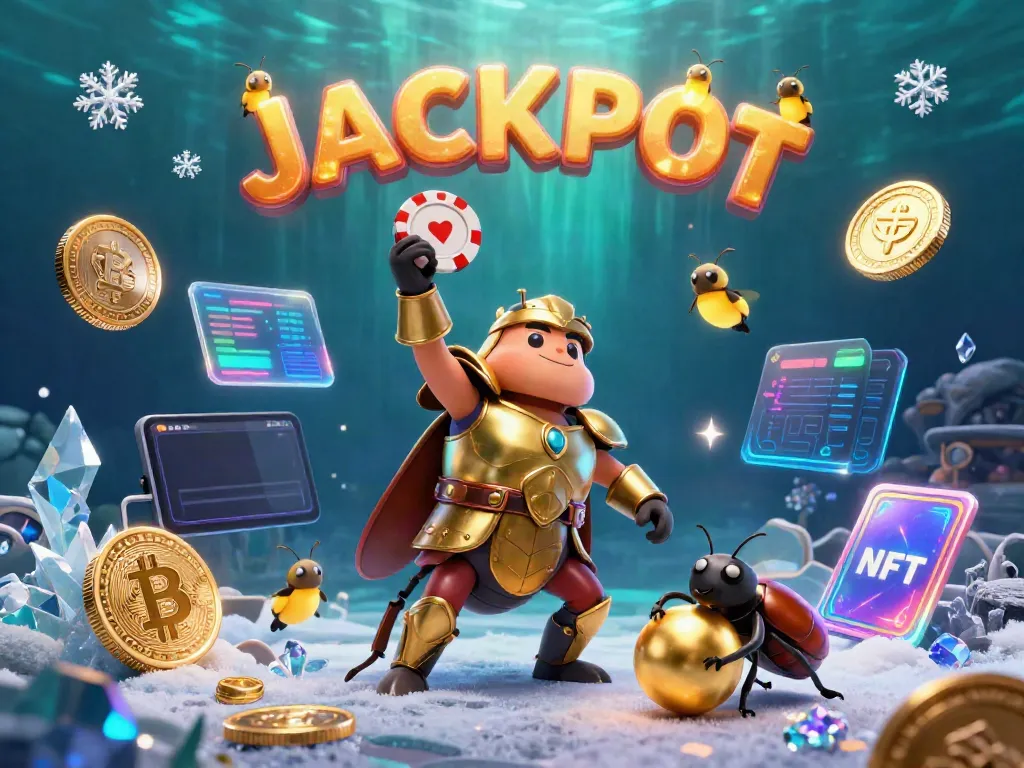 Gambar ilustrasi 3D dari Lapannaga, dengan karakter kumbang hercules dalam armor emas mengangkat chip poker dan efek jackpot.