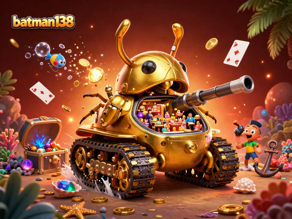 Join the action at batman138's vibrant casino with a golden beetle tank, coins, and gems!