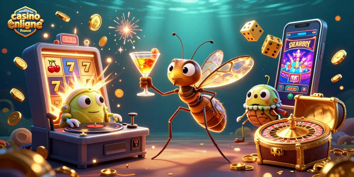 Illustration dynamique du meilleur casino en ligne France avec un moustique mascotte et des éléments de jeu