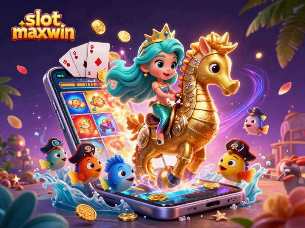 Engage with slot maxwin in this vibrant 3D scene featuring a mermaid, seahorse, and colorful casino elements.