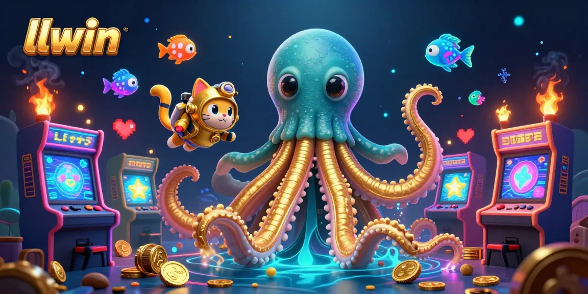 Engage with llwin's vibrant gaming scene featuring a kraken, diving cat, and arcade elements.